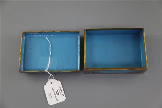 A 19th century Chinese rectangular cloisonne enamel box, mounted with a 17th/18th century white jade plaque, 10.3 x 9cm, height 6.5cm,